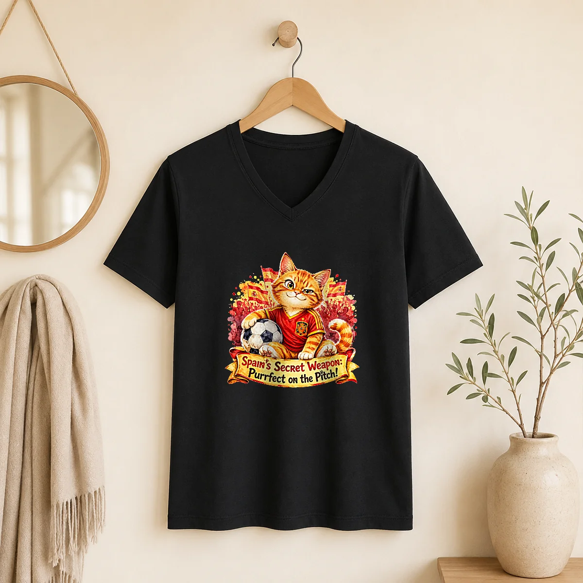 Original Spain Soccer Cat Meme Watercolor V-Neck Shirt
