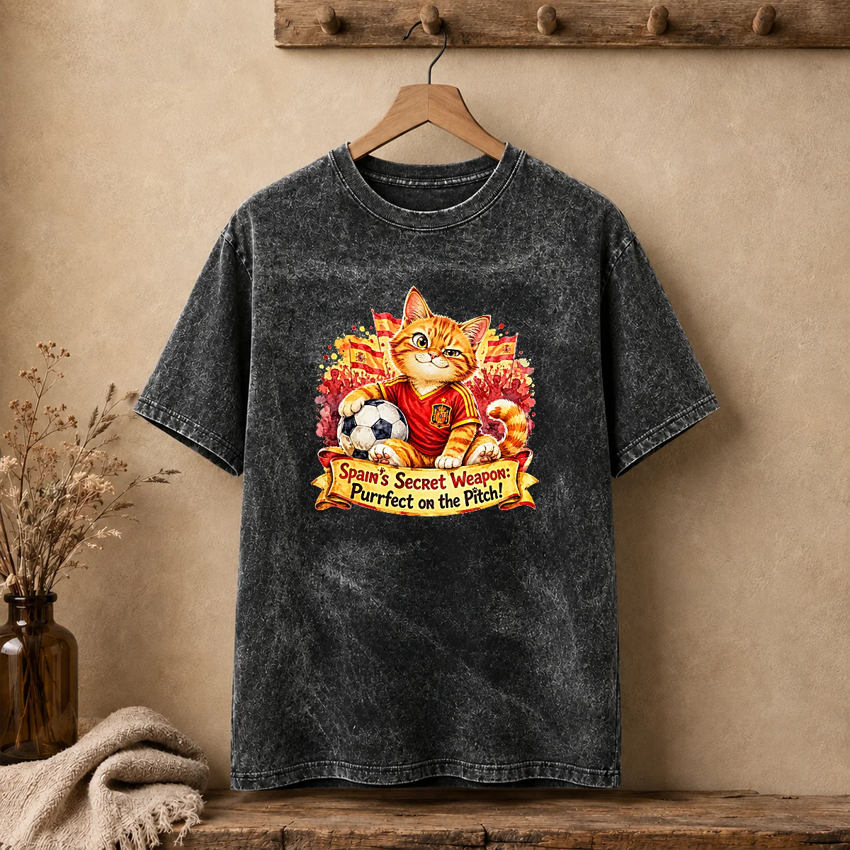 Original Spain Soccer Cat Meme Watercolor Washed T-Shirt