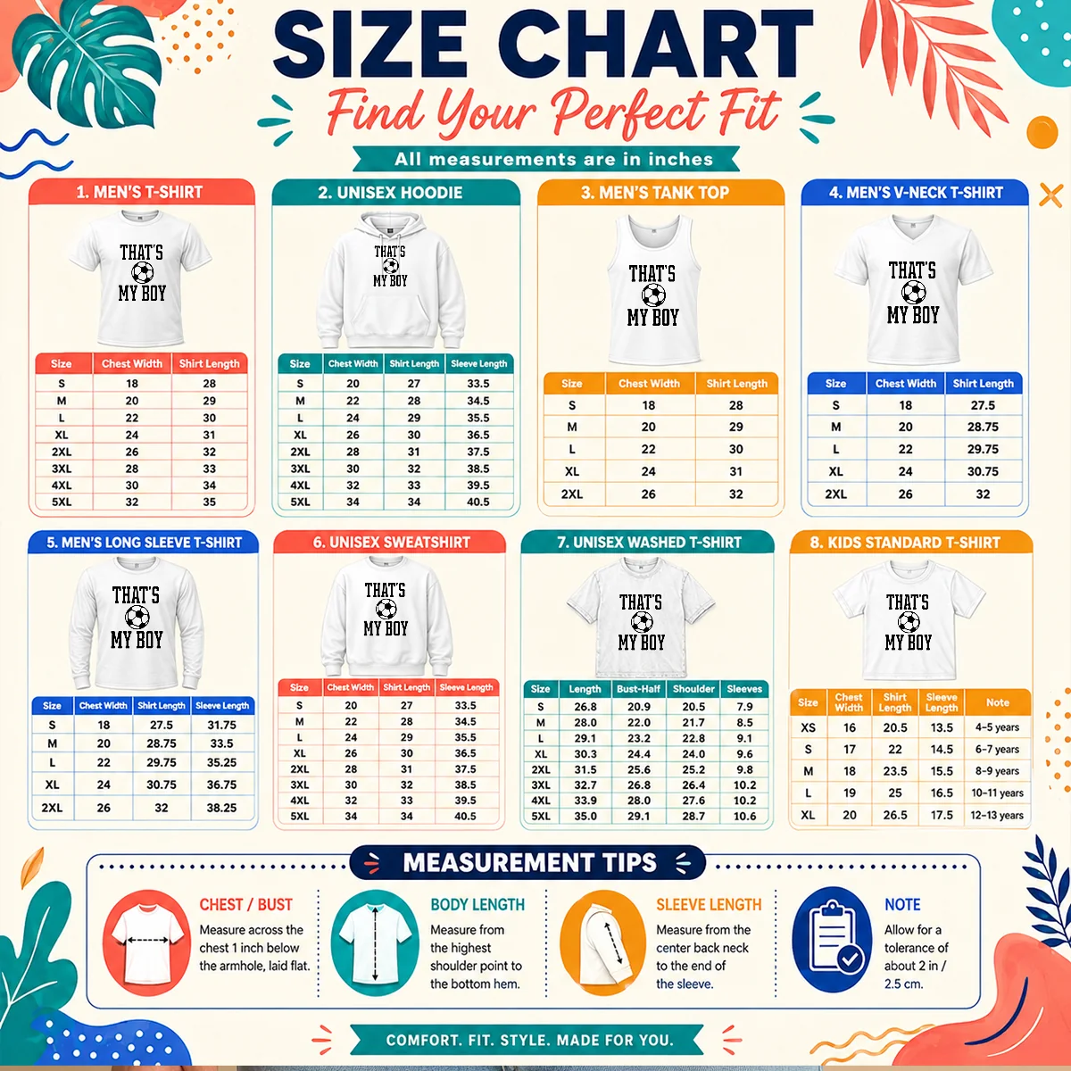 Original That'S My Boy Soccer Proud Parent Size Chart Size chart for Original That'S My Boy Soccer Proud Parent with measurements in inches and cm to help choose the right fit