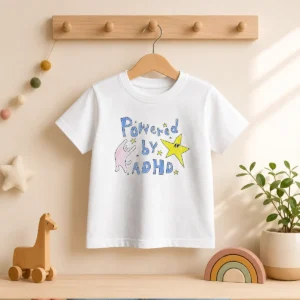 Premium Powered By ADHD Cat And Star Illustration Doodle Kids T-Shirt
