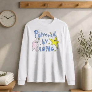 Premium Powered By ADHD Cat And Star Illustration Doodle Long Sleeve Shirt