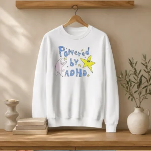 Premium Powered By ADHD Cat And Star Illustration Doodle Sweater