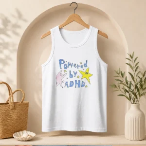 Premium Powered By ADHD Cat And Star Illustration Doodle Tank Top
