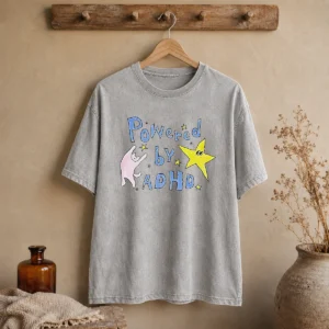 Premium Powered By ADHD Cat And Star Illustration Doodle Washed T-Shirt