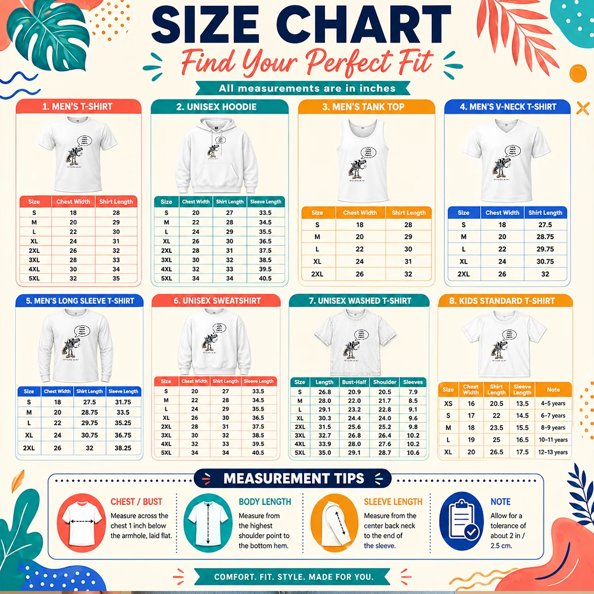 Pretty Stolen Gun Time Theft Ain'T Theft Rubber Hose Style Size Chart Size chart for Pretty Stolen Gun Time Theft Ain'T Theft Rubber Hose Style with measurements in inches and cm to help choose the right fit